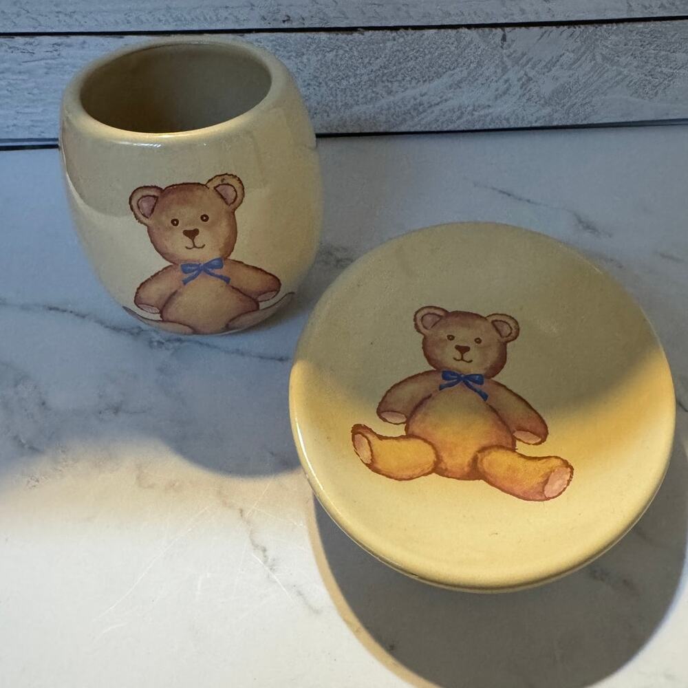 Vtg Saturday Knight Ltd Teddy Bear Bathroom Set Ceramic Soap Dish Tumbler Cup